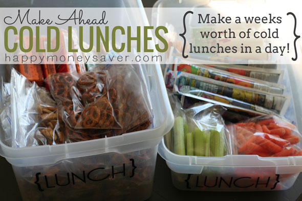 Cold Lunches for the Week all made in one day! In the morning, just grab food you prepped earlier in the week from the "Lunch Container" and you're DONE!! Genius!  #backtoschool #schoollunch (happymoneysaver.com)
