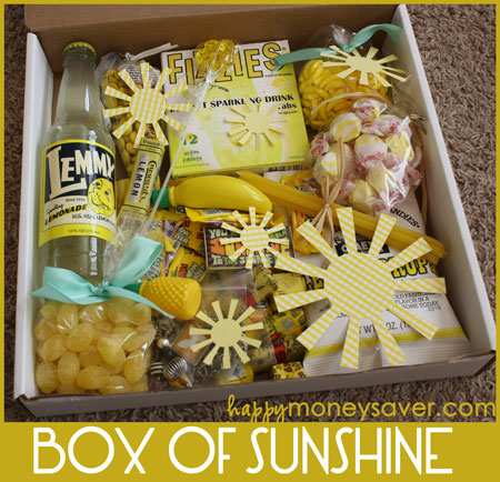 Send a box of sunshine to brighten someone's day! Fill it full of yellow items. Who wouldn't want to get this as a nice surprise? 