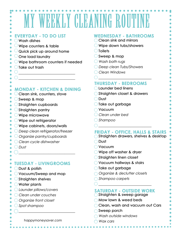 Weekly House Cleaning Checklist Printable