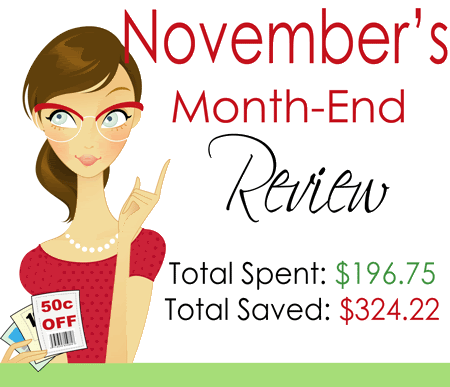 Graphic: November\'s Month-End Review Total Spent: $196.75, Total Saved: $324.22