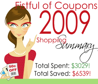 Graphic for Fistful of Coupons 2009 \"Shopping Summary Total Spent: $3029!, Total Saved: $6539!\"