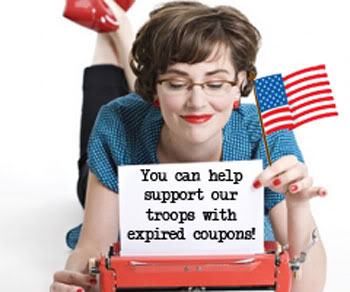 Woman with an American flag and a paper that reads "You can help support our troops with expired coupons!"