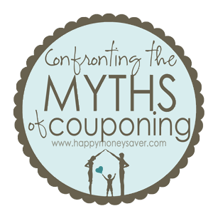 Silhouette of family with text \"Confronting the Myths of couponing.\"