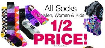 Socks with text "All Socks for Men, Women & Kids 1/2 Price."