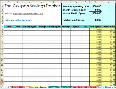 Spreadsheet labeled "Coupon Savings Tracker."