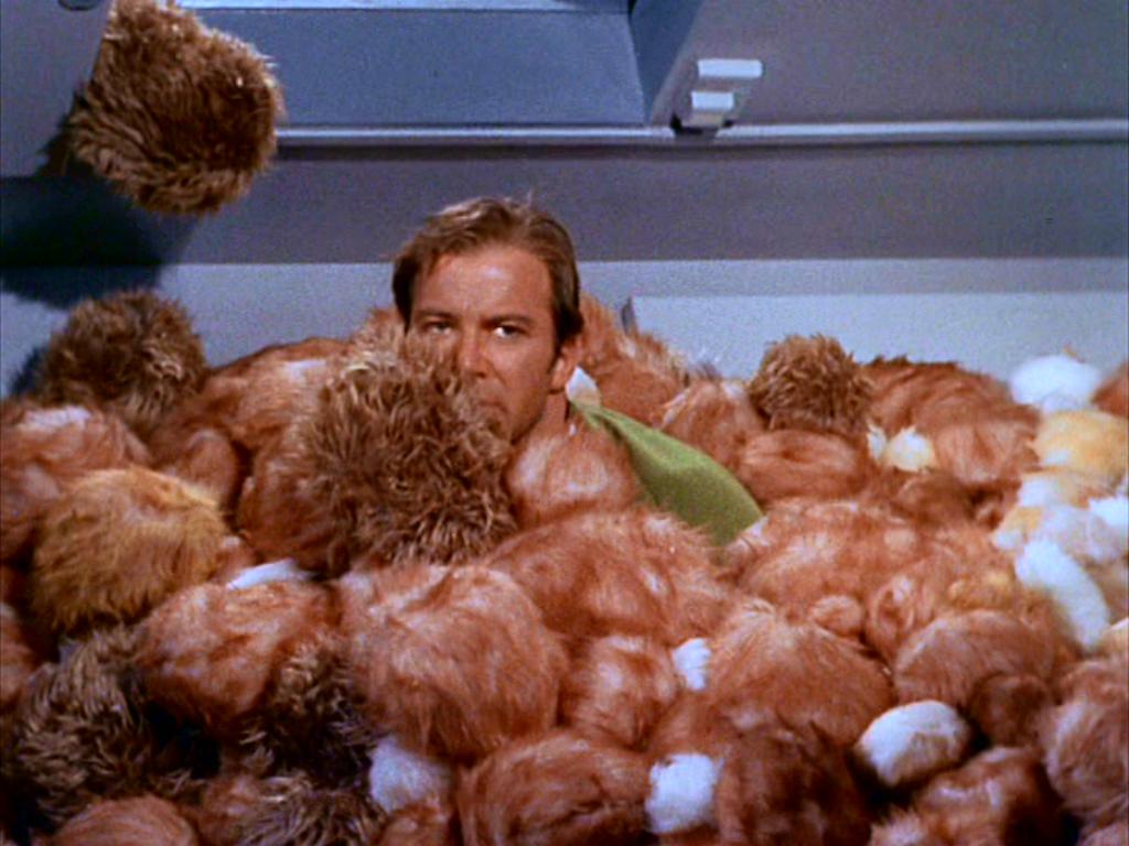 Captain Kirk in a pile of Tribbles.