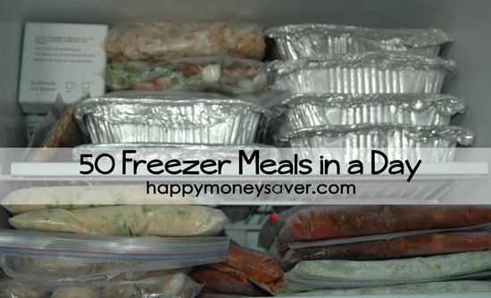 Food in a freezer with text \"50 Freezer Meals in a Day.\"