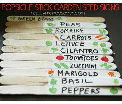 Plant labels with text "Popsicle stick garden seed signs."