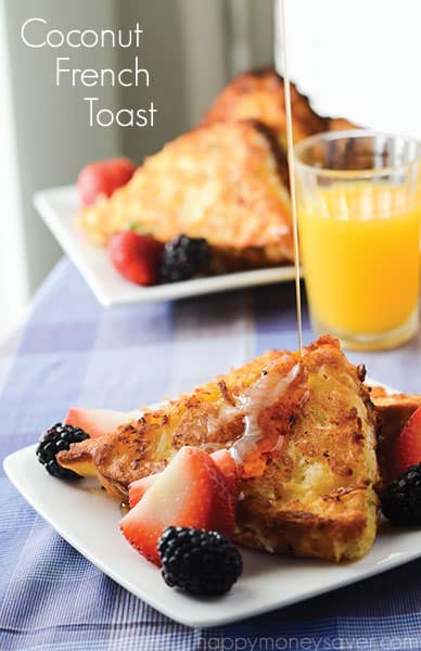 Coconut French Toast Recipe- Texas toast, dredged in deliciousness, then dipped in coconut and fried to perfection! This recipe will have you going back for seconds! - Happymoneysaver.com
