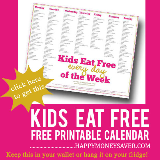 Kids Eat FREE Printable Calendar for every day of the week schedule. Print this off and add it to my purse or fridge. 