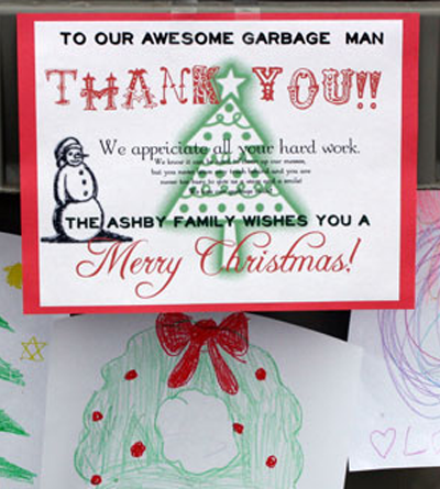 Hand-drawn pictures with a label thanking the garbage man.