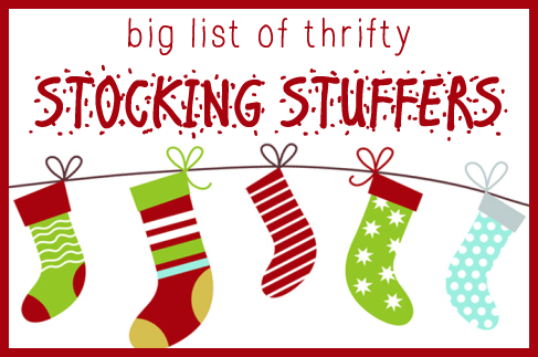 Big list of stocking stuffers with stockings hanging from a line in a cartoon fashion!