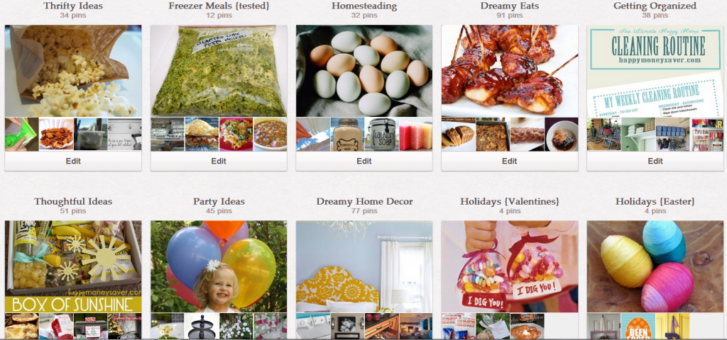 Screenshot of Pinterest boards such as Homesteading and Party Ideas.