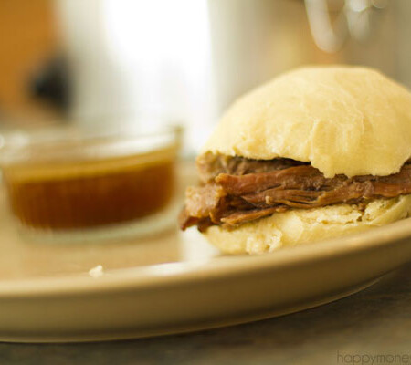 French dip sandwich on a plate.