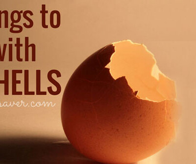 Empty egg shell with text "20 things to do with Eggshells."