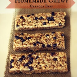 Homemade chewy granola bars cut into rectangles.