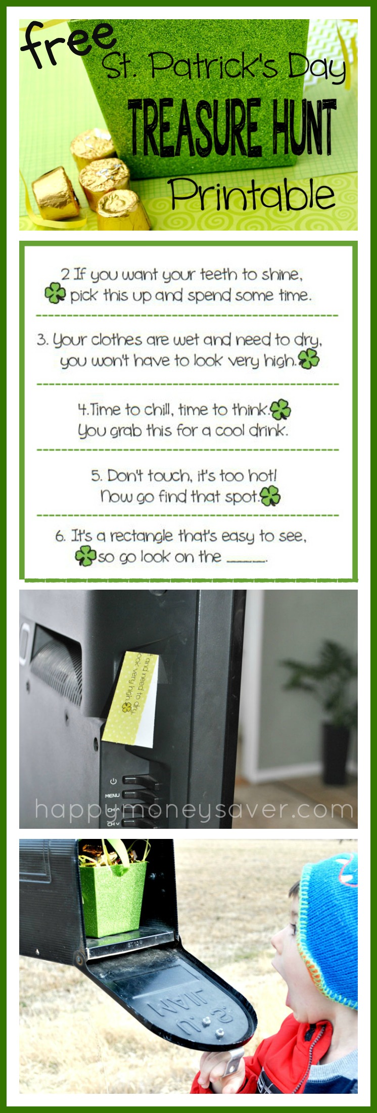 This is so much FUN!! A FREE printable St. Patricks Day Treasure hunt with printable clues. I can't wait to do this for my kids. happymoneysaver.com