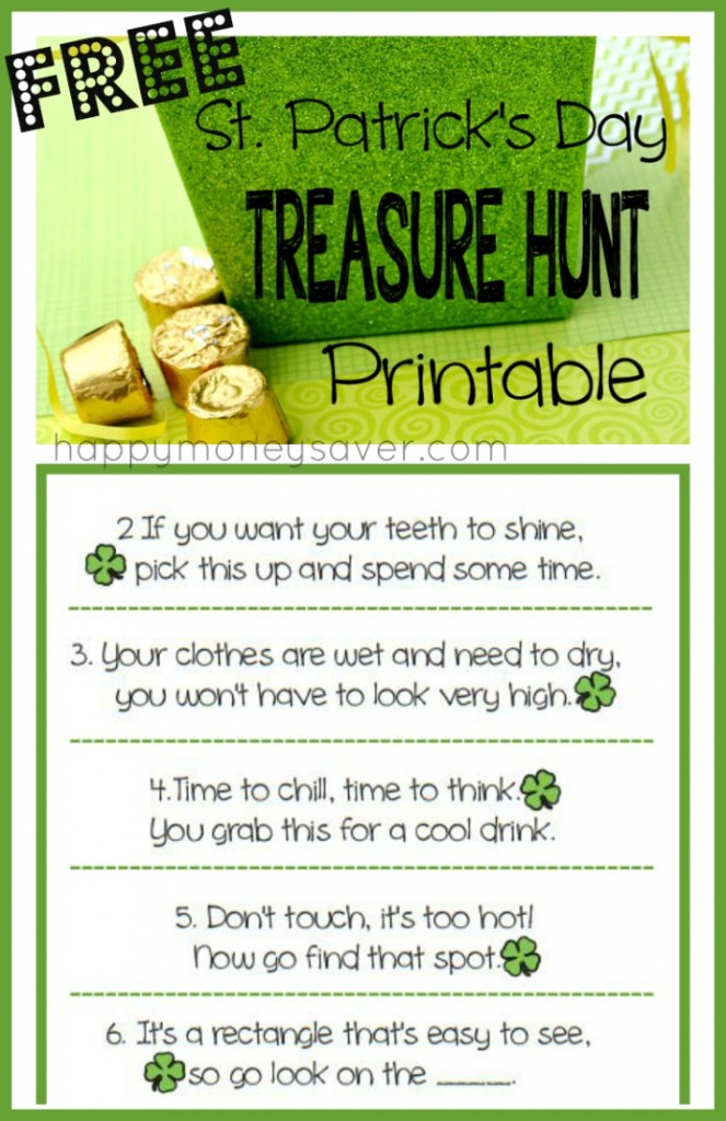 Free printable St. Patrick's Day TREASURE HUNT with clues!! FUN FUN FUN.