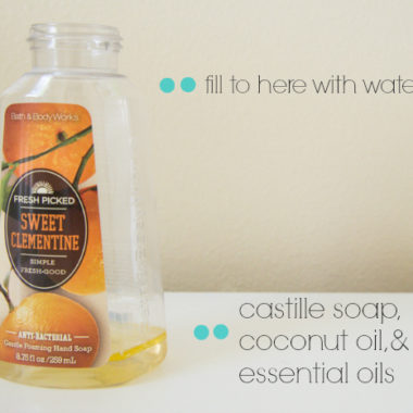 It's so easy and waaaaaay cheap to make your own foaming hand soap. I hate the effects of all of those crappy toxins found in the soaps from the store. This works great and only takes a minute to make.