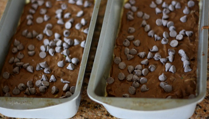 Two metal pans of uncooked chocolate batter with chocolate chips on top.