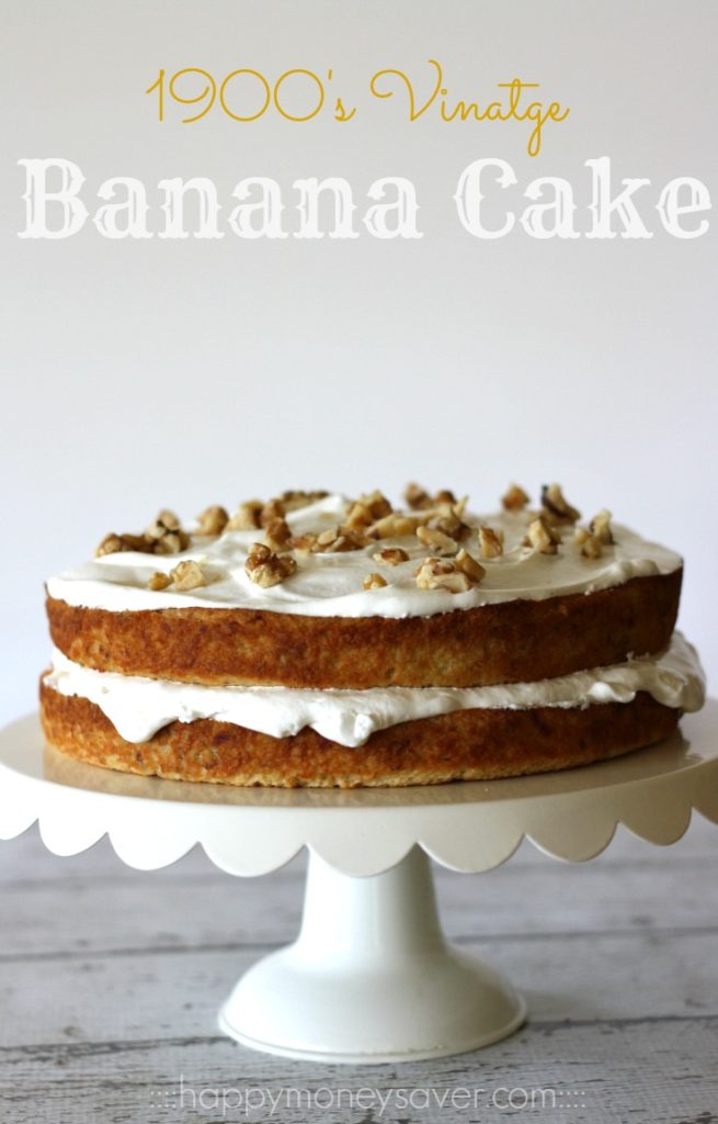 This vintage banana cake recipe is to die for. Cake is moist and has a sweet banana flavor. It is frosted with homemade whipped cream and chopped walnuts.