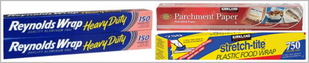 parchment paper, heavy duty foil and kirkland plastic food wrap boxes