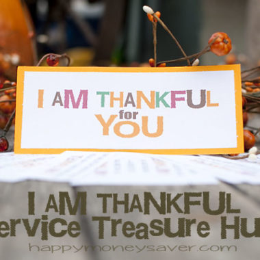Here is a fun idea to kick off your Thanksgiving season. Be sure to use this Service Treasure Hunt with free printable clues! #happythoughts #treasurehunt #thankful