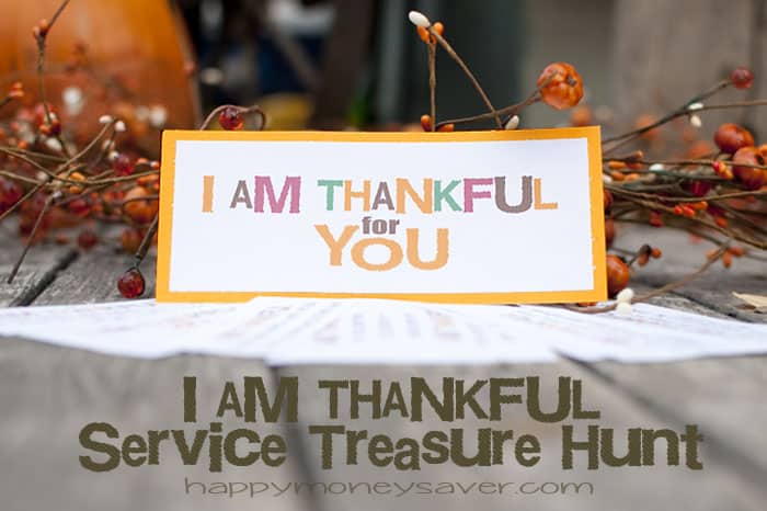 Here is a fun idea to kick off your Thanksgiving season. Be sure to use this Service Treasure Hunt with free printable clues! #happythoughts #treasurehunt #thankful