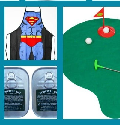 Collage of products including Superman apron and survival kits.