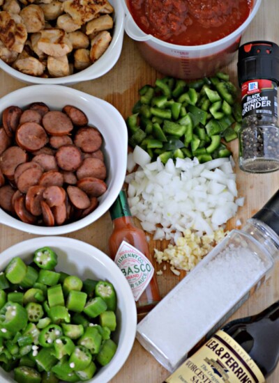 Gumbo ingredients including sausage, onions, and green peppers.