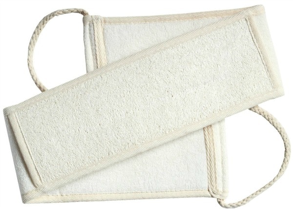 One long cream cloth loofah back scrubber with two woven handles