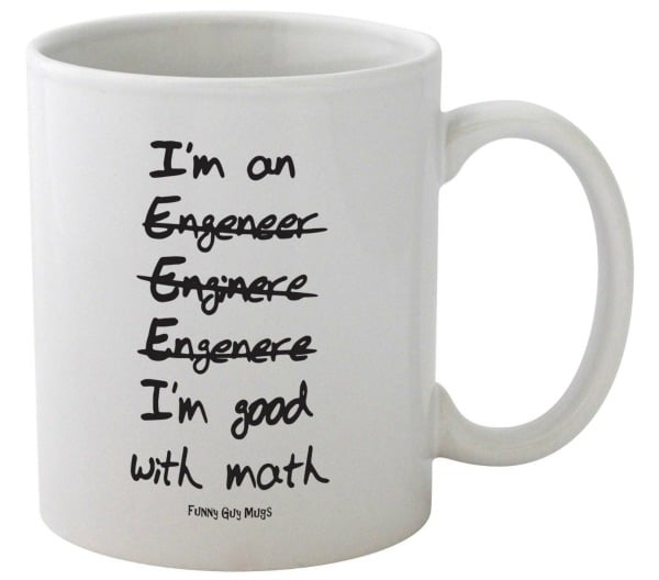 White coffee Mug with words crossed out and finally saying "I'm Good at Math." 