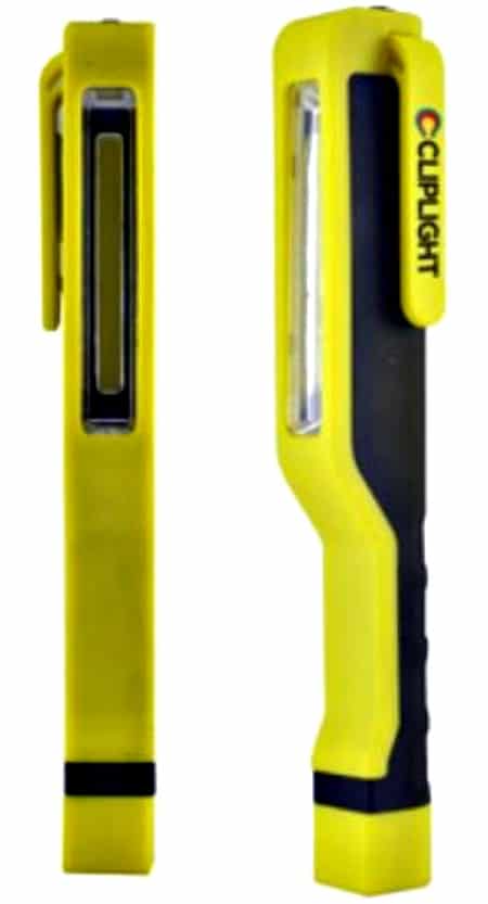 Two yellow and black small LED lights side by side but one is twisted to see the back.