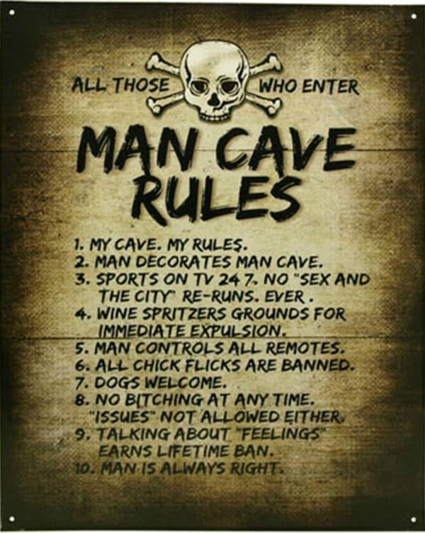 Man Cave Rules Tin Metal Sign with the rules on it.