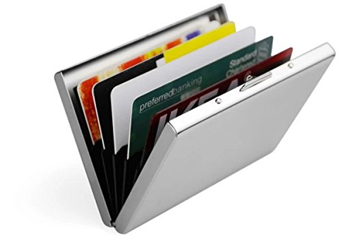 Stainless Steel Credit Card Holder open with cards in it.