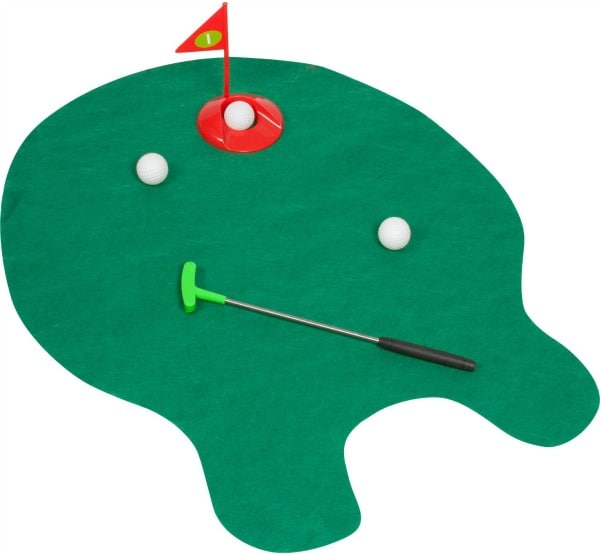 A toilet mat that looks like a golf course with balls and a putter.