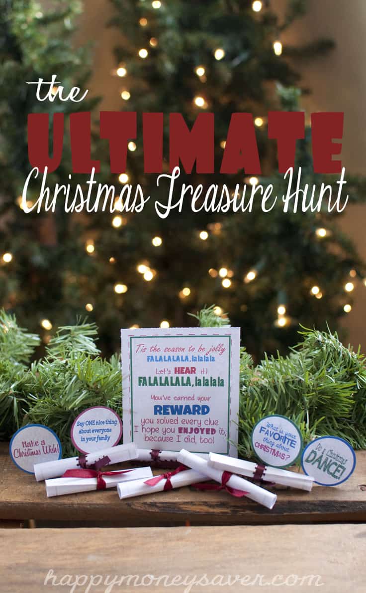 A garland holding up clues and saying the words "The Ultimate Christmas Treasure Hunt."