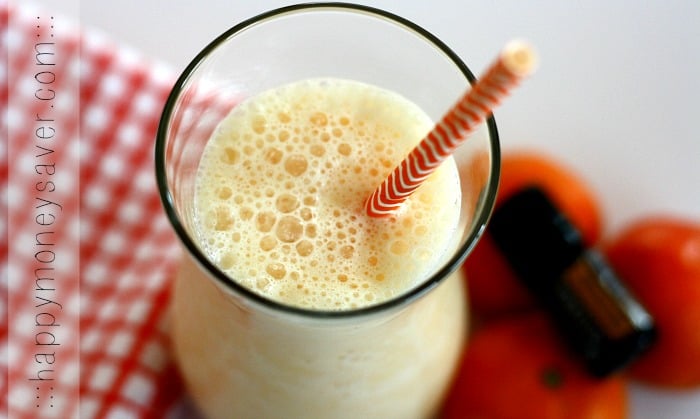 Get a daily boost of happiness by drinking this orange smoothie every morning. Recipe uses wild orange essential oil which has many health benefits.