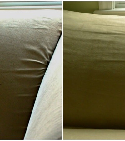 Suede couch with a marker mark, next to the same couch without the mark.