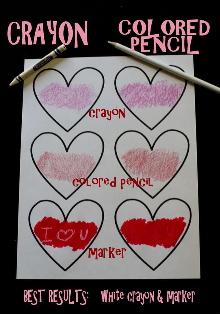 Use a white crayon and a marker to make this the perfect Valentine's Treasure Hunt. #happythoughts #treasurehunt