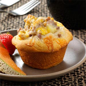 This is a delicious twist on a breakfast sandwich. All of your delicious ingredients combined into a muffin sized breakfast! 