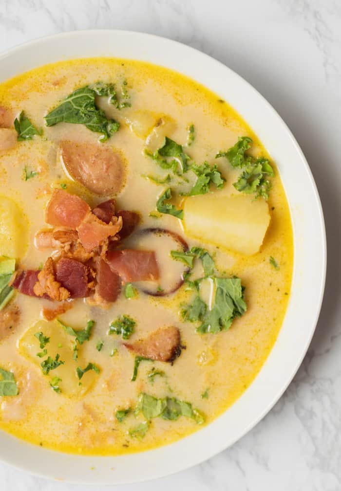 Olive Garden Copycat version of their zuppa toscana soup in a white bowl
