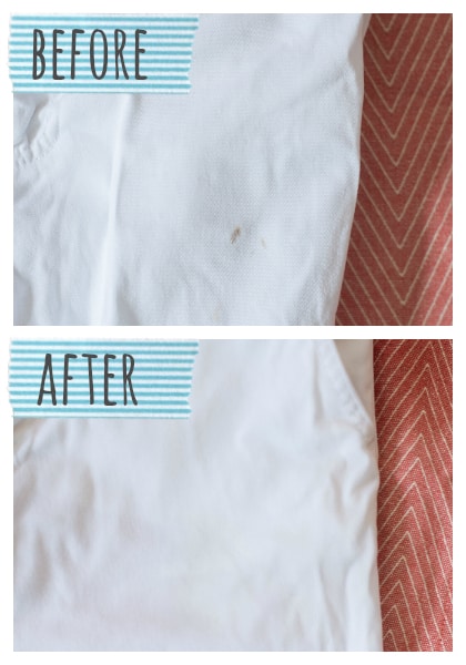 It is SO easy to make your own bleach pen! Saves a ton of money and works just as well. Took out this stubborn stain easily! happymoneysaver.com 