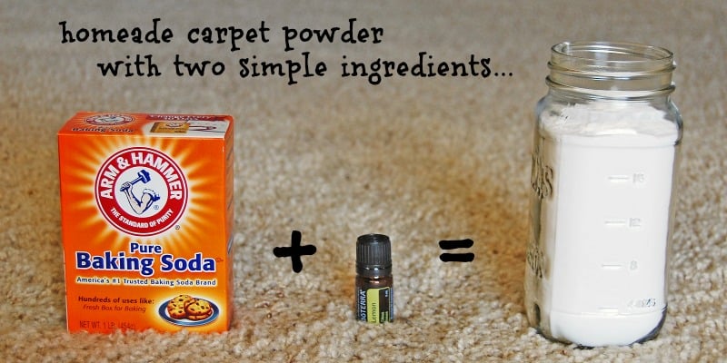 Baking soda, essential oil, and a jar with text: \"homemade carpet powder with two simple ingredients.\"