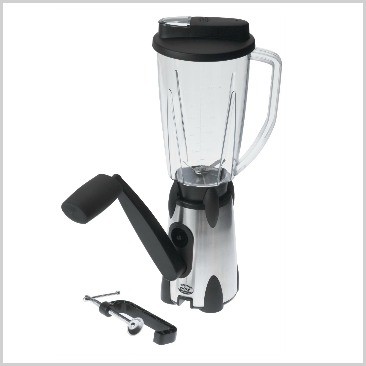 A hand blender in black and silver with a device on the side.