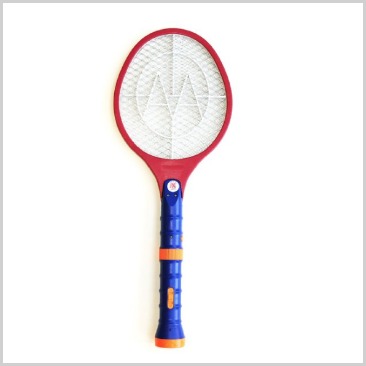 A mosquito zapper swatter in red, blue and orange.