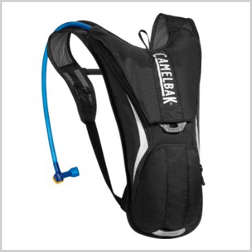 A camelback water holder in black and a blue straw.