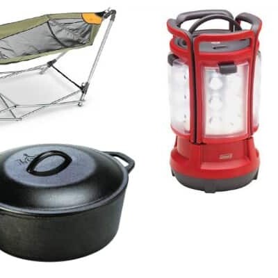 Collage of camping equipment including a lantern and hammock.