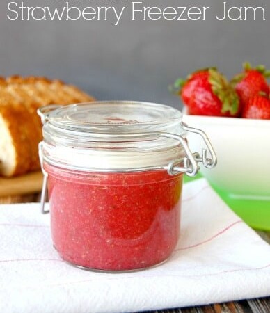 Chia seed strawberry jam in a glass jar.