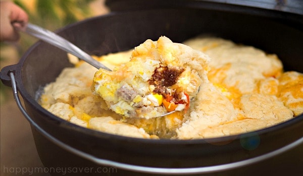 This 5 Layer Dutch Oven Country Breakfast from happymoneysaver.com is one of the very best camping meals. #campingmeals #campingrecipes #dutchoven #camping